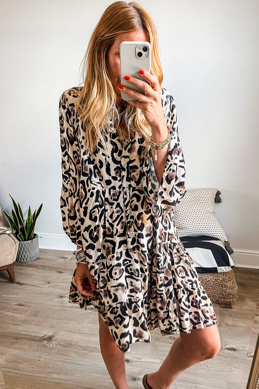 Leopard Print Buttoned Front 3/4 Sleeve Tiered Ruffled Hem Dress