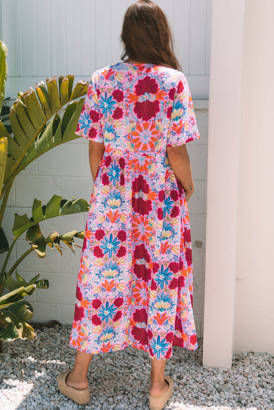 Rose Floral Tied Front High Waist Short Sleeve Loose Long Dress
