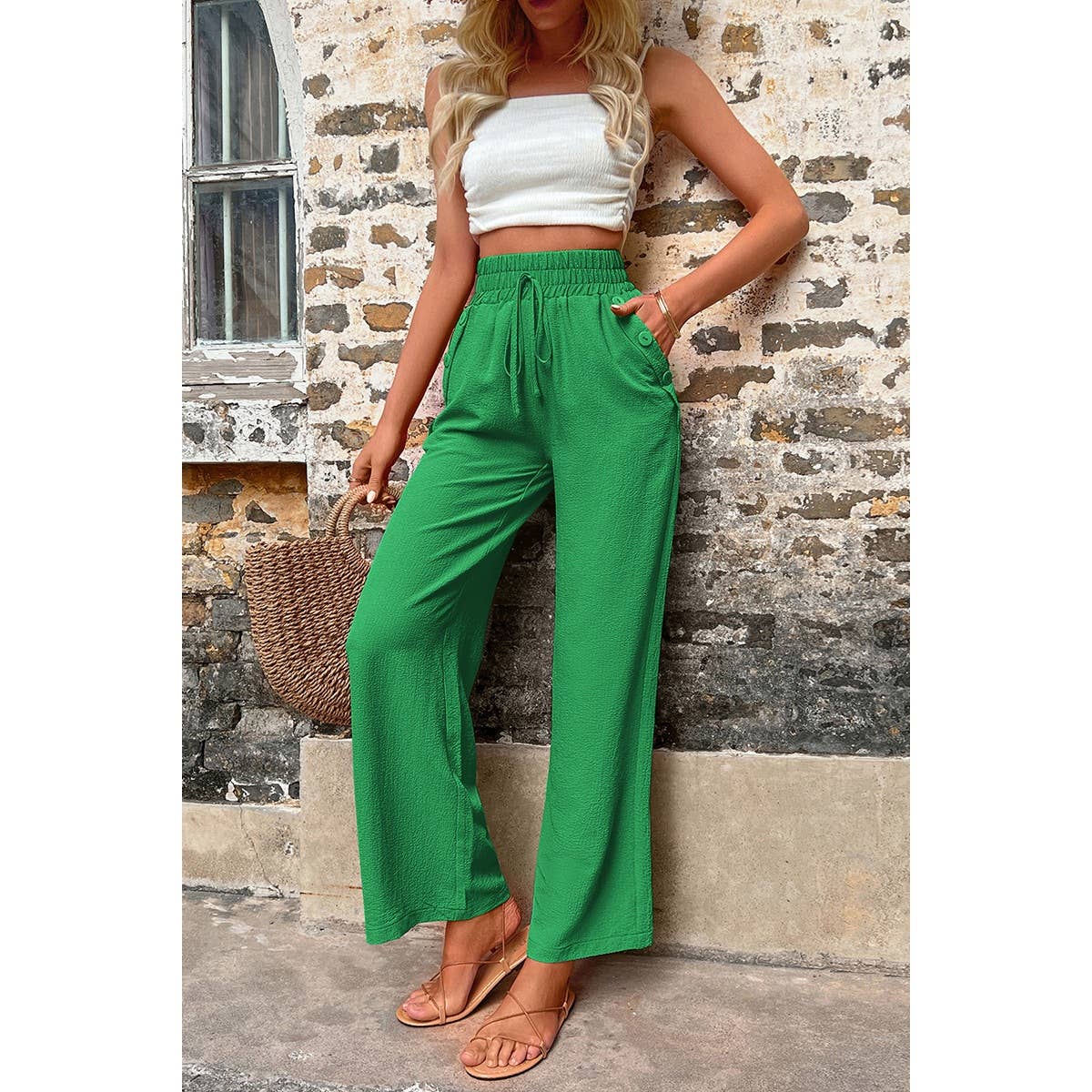 Elastic Waist Solid Pockets Button Trim Pants