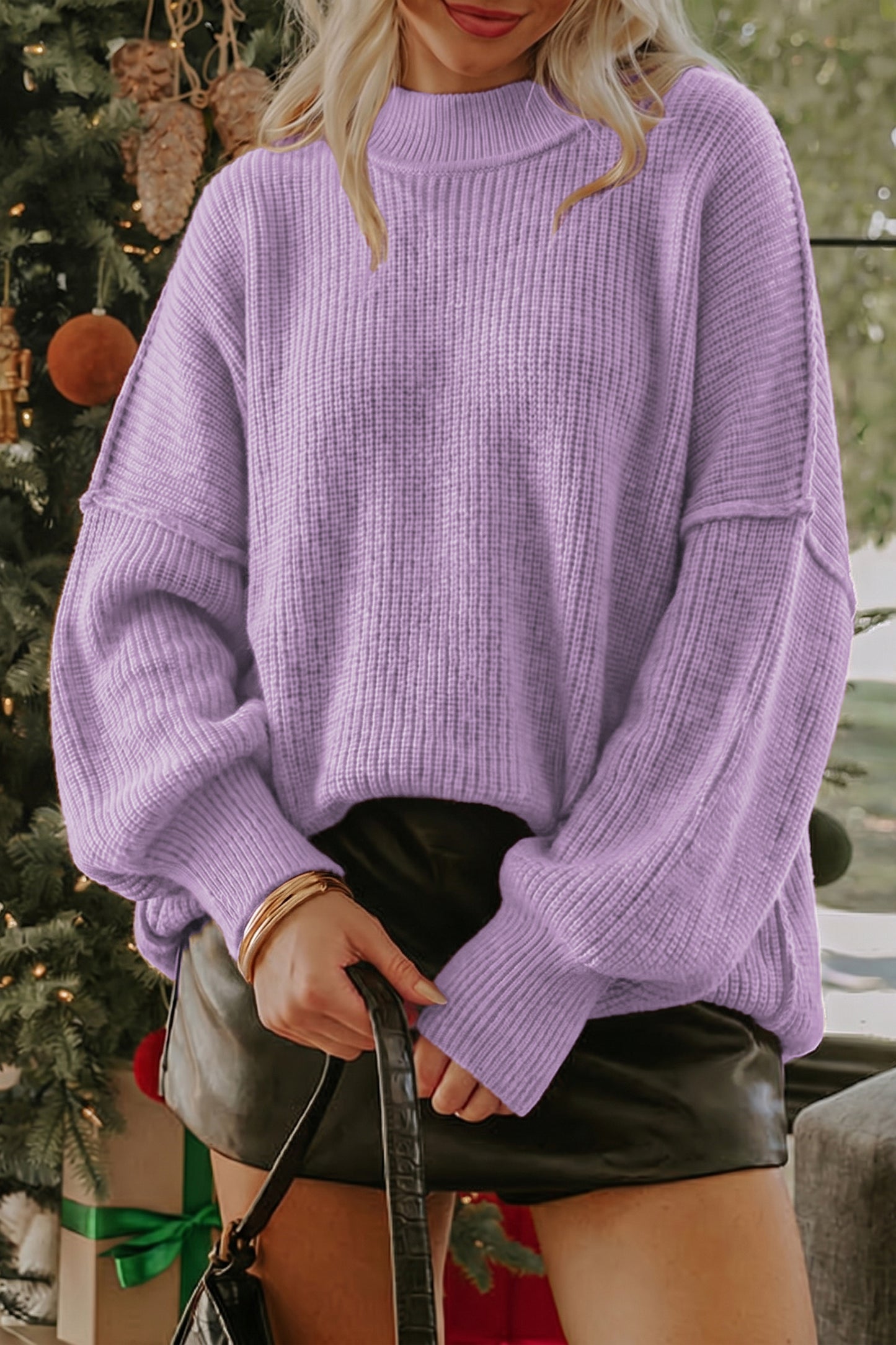 Long Sleeve Ribbed Knit Stand Neck Regular Fit Sweater