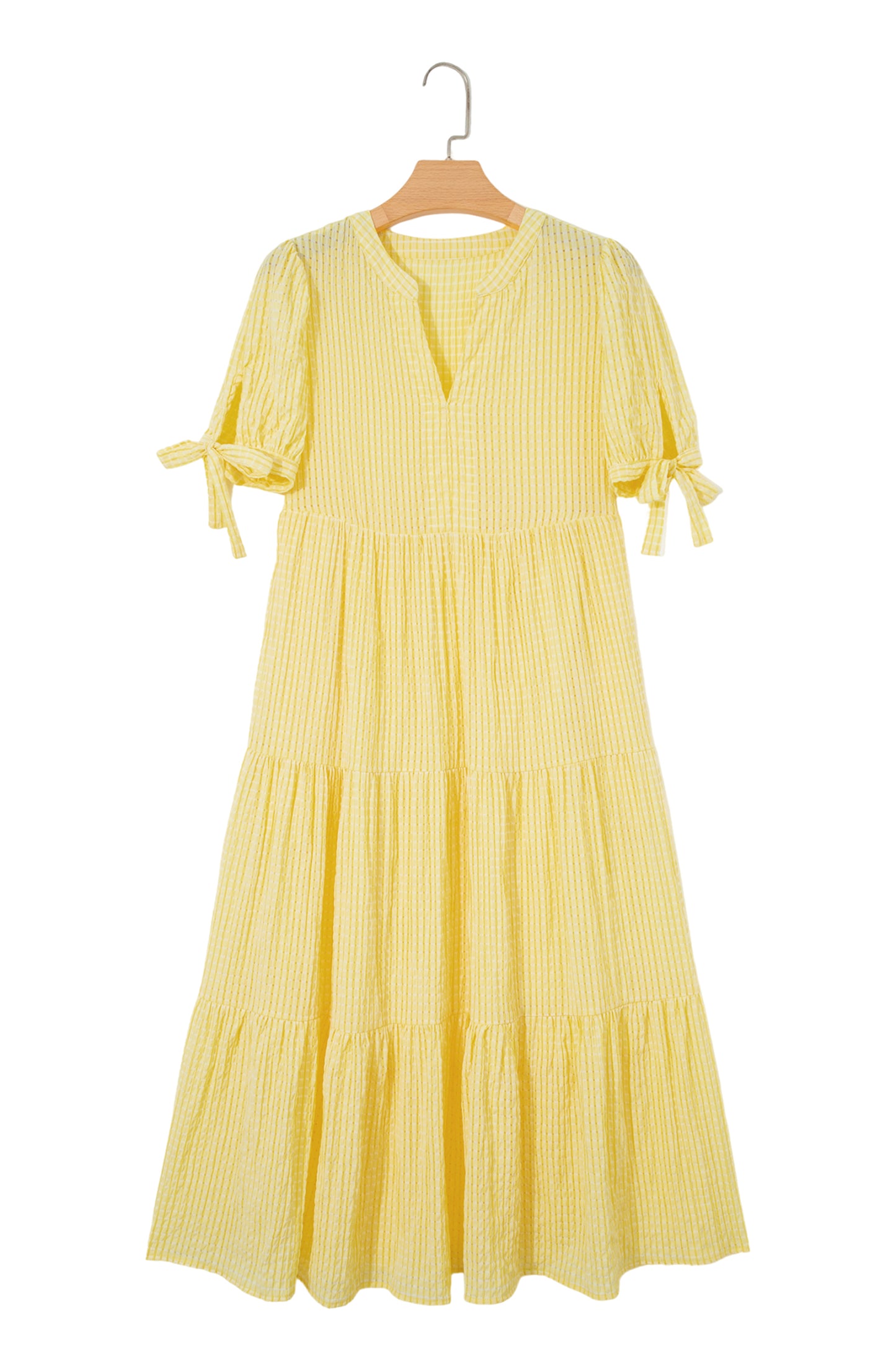 Gingham Textured Bow Tie Short Sleeve Tiered Midi Dress