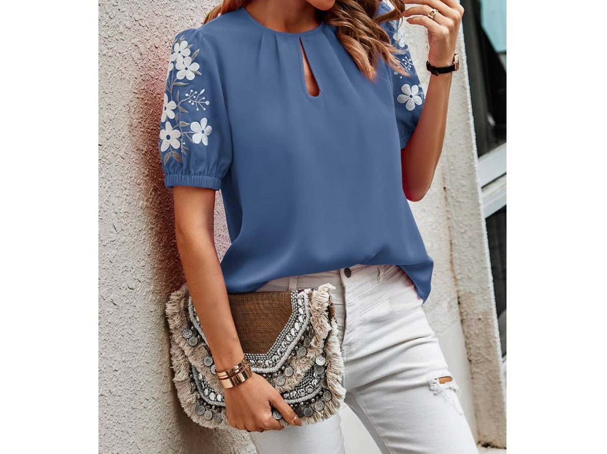 Floral Keyhole Neckline Puff Sleeve Blouse | Blouse - Women's | short sleeve top, tops | Elings