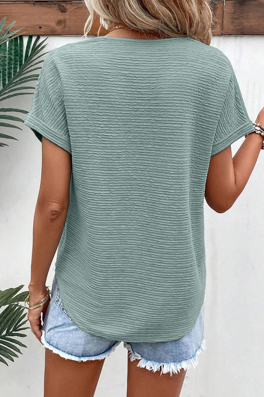 Textured Wide Sleeve V Neck T Shirt