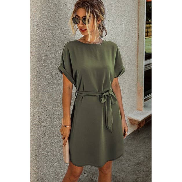 Round Neck Solid Tie Waist Dress | Dress - Women's | 2024, above the knee, Dress, LK | Elings
