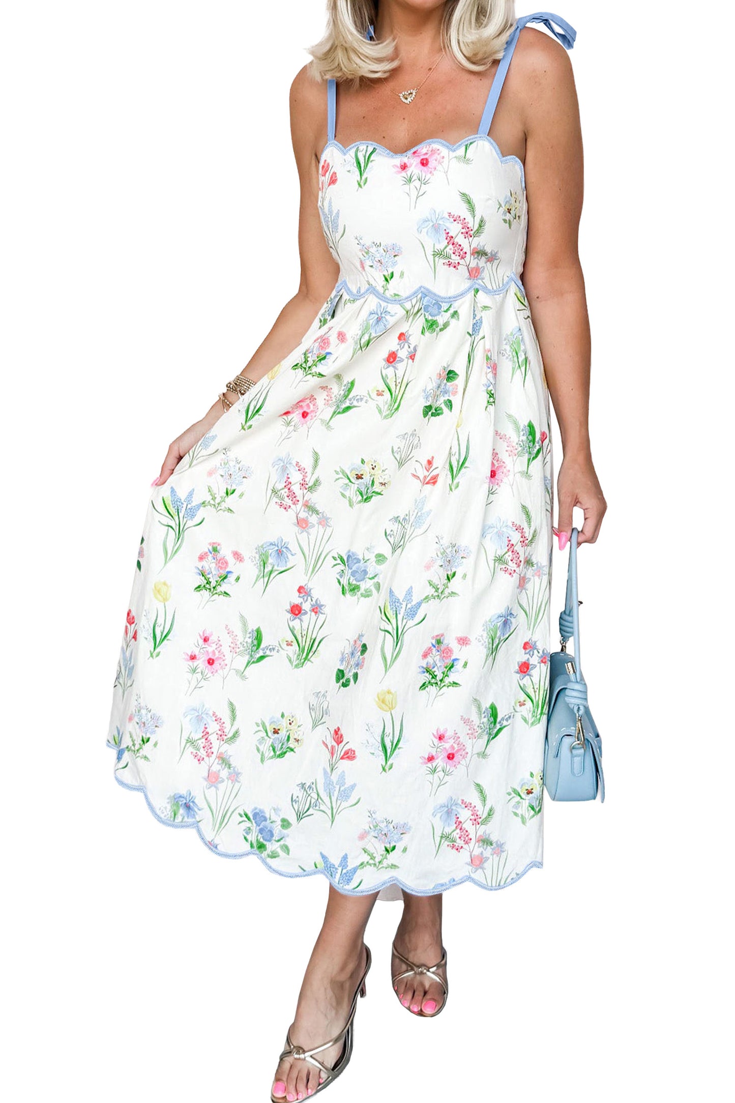 Floral Print Contrast Trim Self-tie Straps High Waist Midi Dress