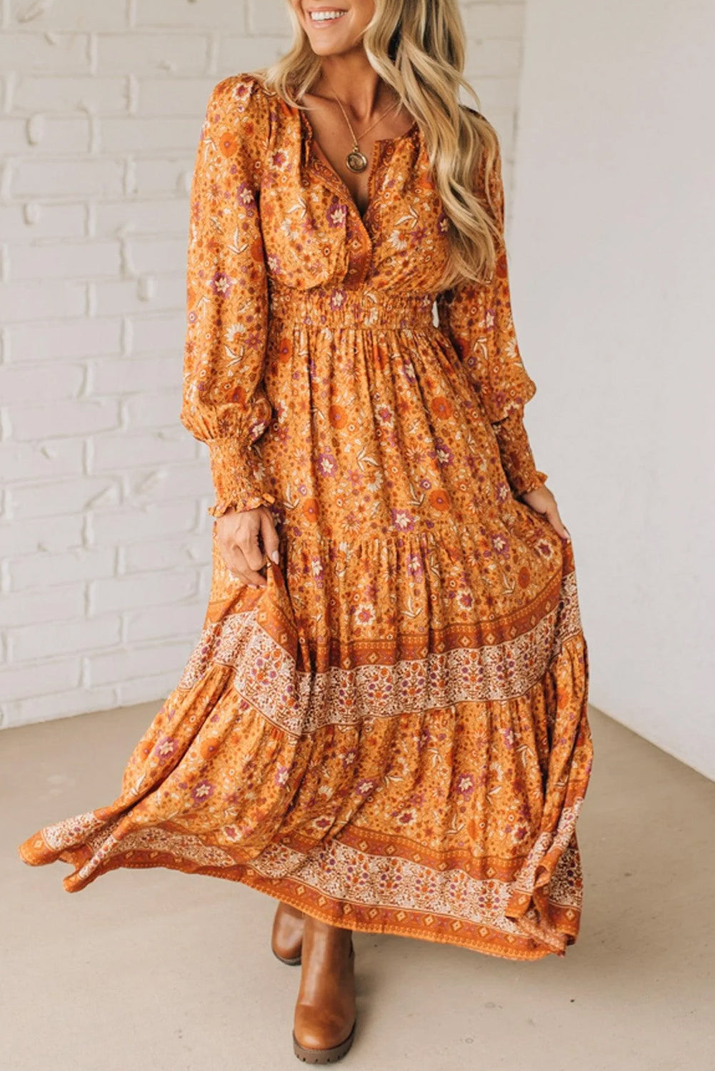 fitted lace wedding dress Orange Floral Print Smocked Waist Long Sleeve Boho Maxi Dress – Shoppe247