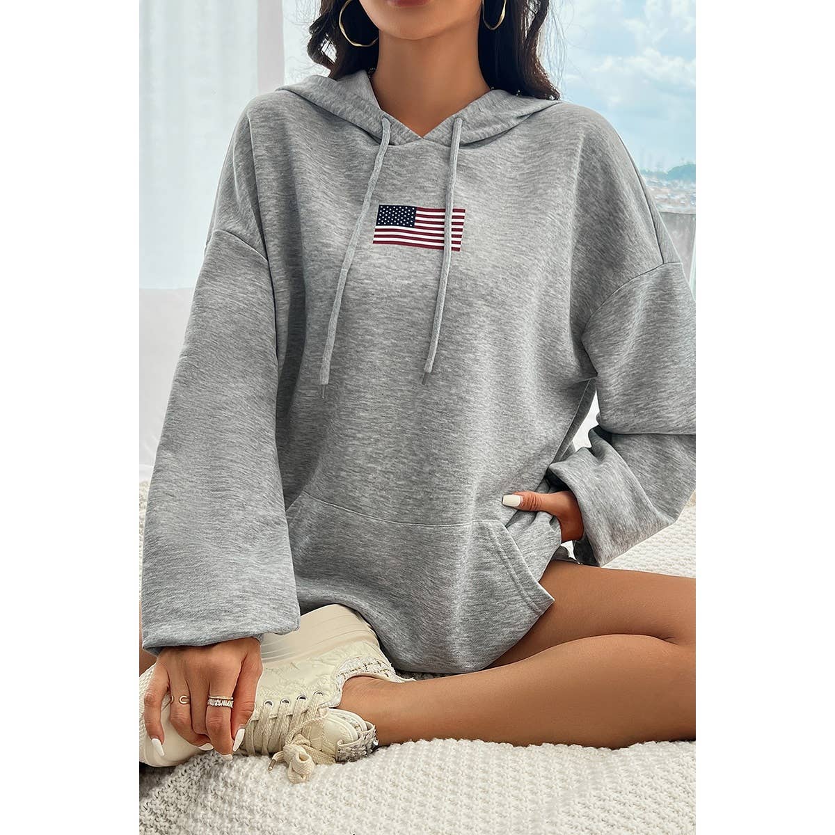 Flag Drawstring Drop Shoulder Pocket Loose Hoodie