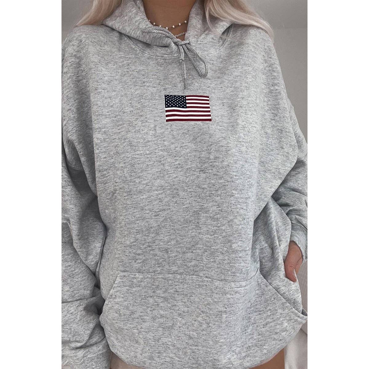 Flag Drawstring Drop Shoulder Pocket Loose Hoodie