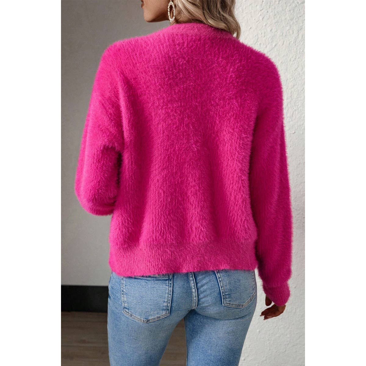 Fuzzy Fleece Button Open Front V Neck Cardigan