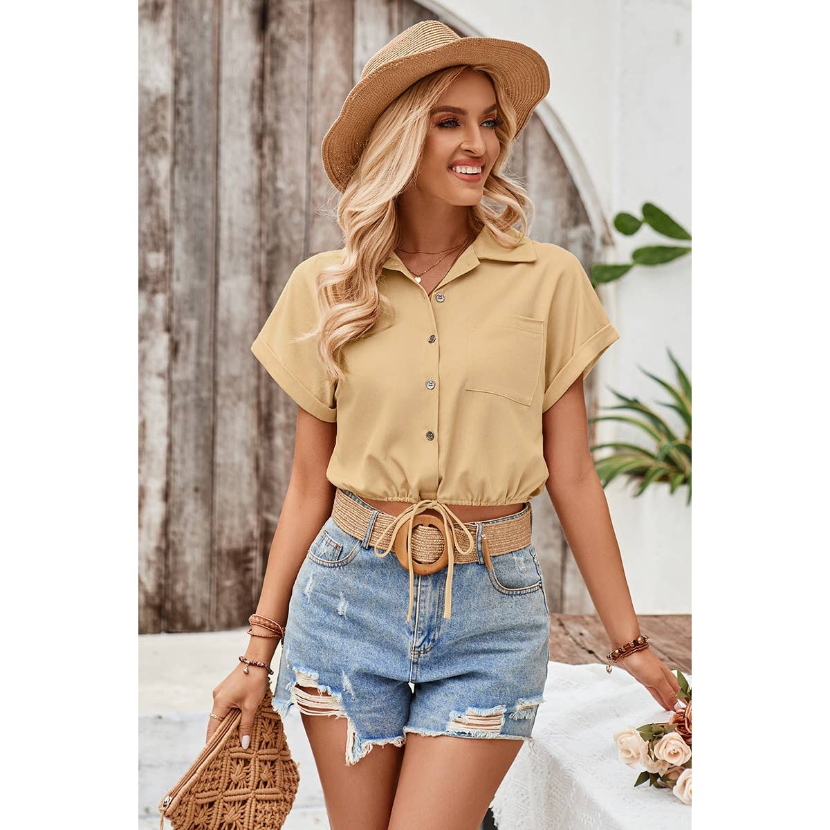 High Waist Button Pocket Elastic Waist Blouse
