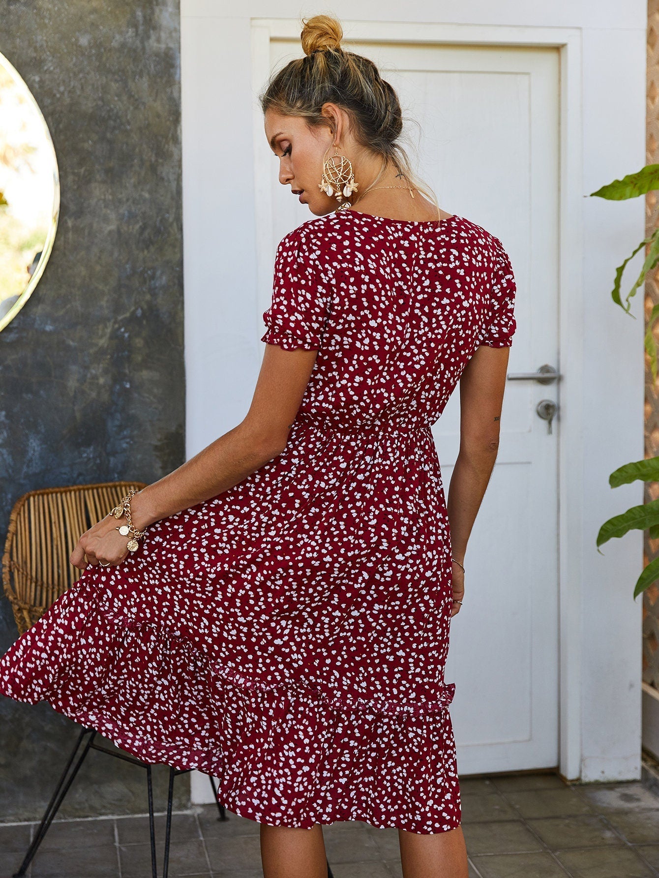 Floral Elegance V Neck Button Dress