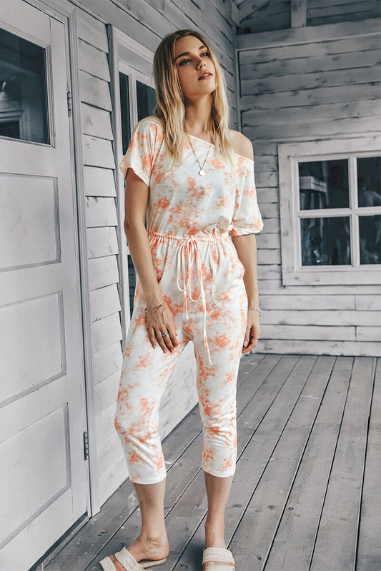 One Shoulder Printed Short Sleeve Drawstring Jumpsuit