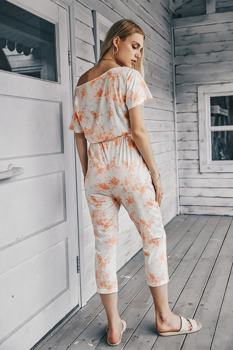 One Shoulder Printed Short Sleeve Drawstring Jumpsuit
