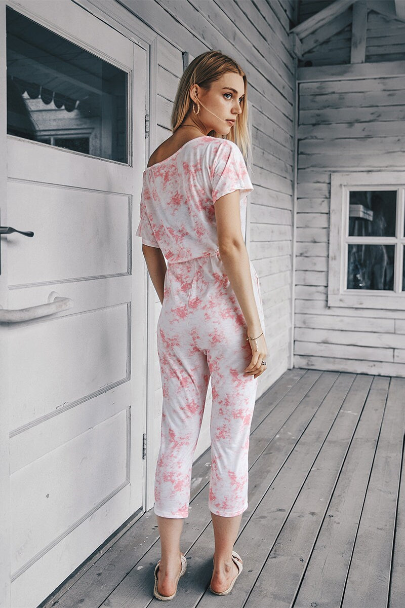 One Shoulder Printed Short Sleeve Drawstring Jumpsuit