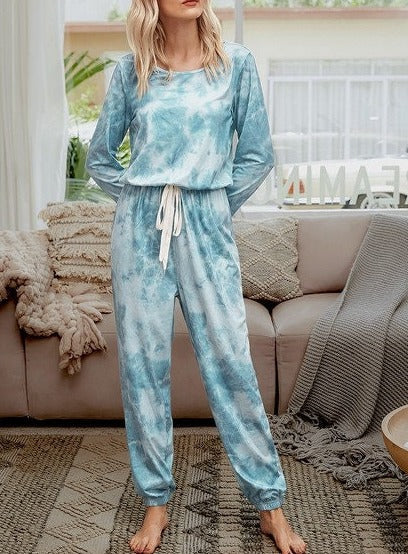 Tie Dye Round Neck Drawstring Long Sleeve Jumpsuit | 2023, jumpsuit, Jumpsuit and Romper, Loungewear, New Arrivals | Elings