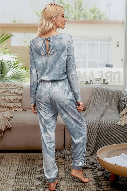 Tie Dye Round Neck Drawstring Long Sleeve Jumpsuit