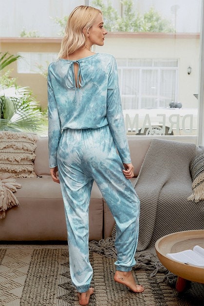 Tie Dye Round Neck Drawstring Long Sleeve Jumpsuit