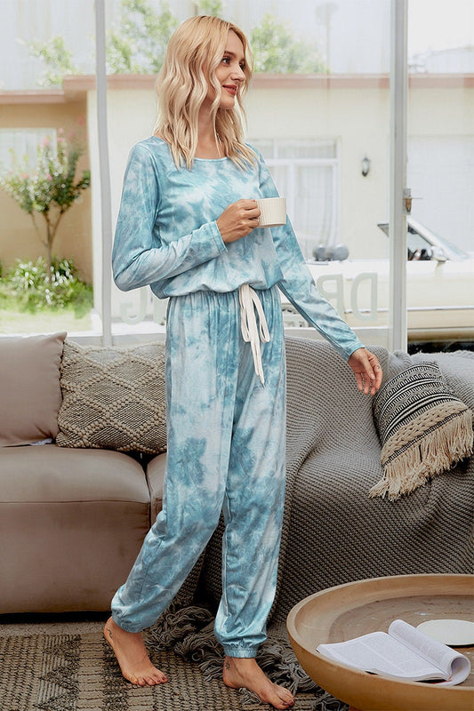 Tie Dye Round Neck Drawstring Long Sleeve Jumpsuit