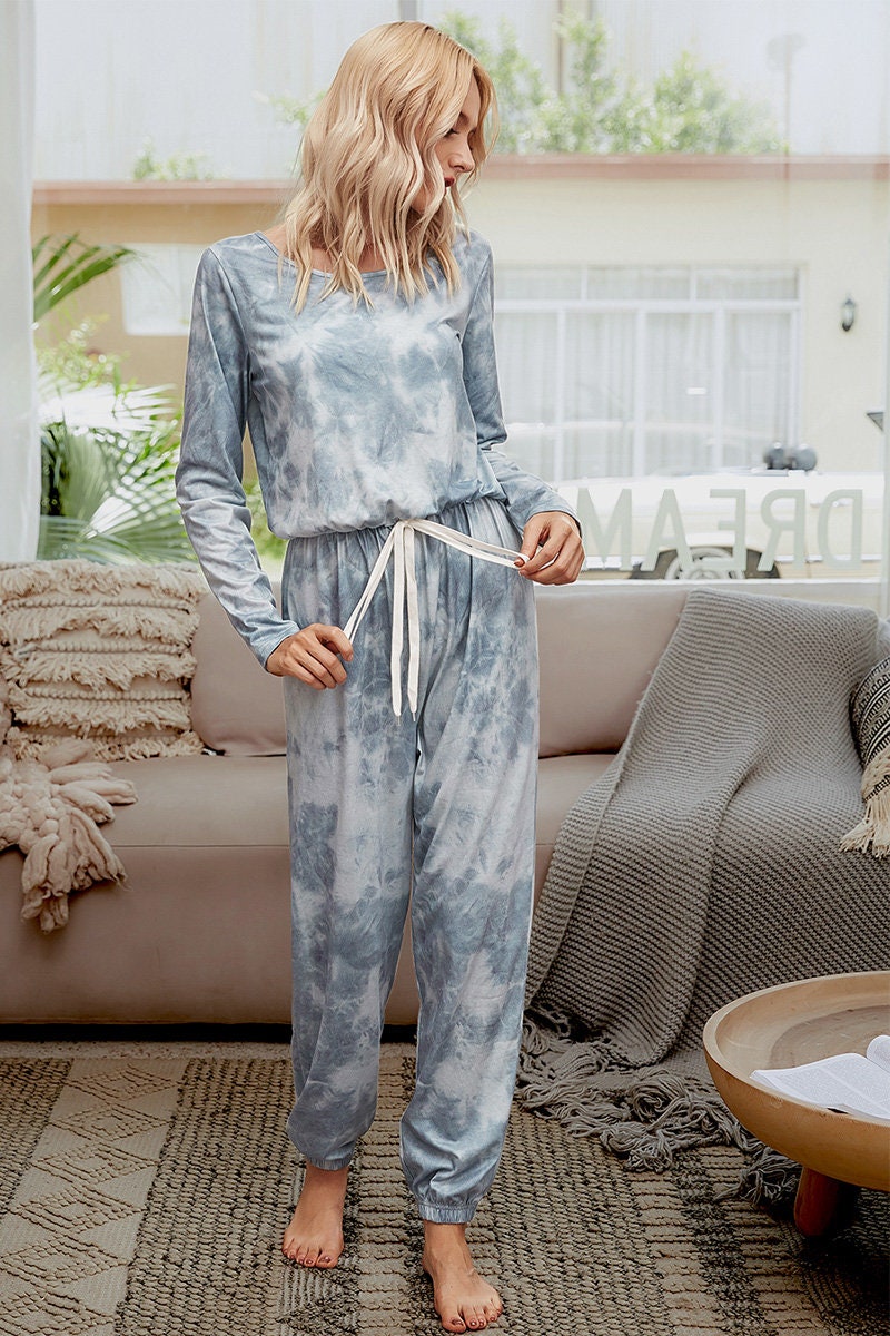 Tie Dye Round Neck Drawstring Long Sleeve Jumpsuit