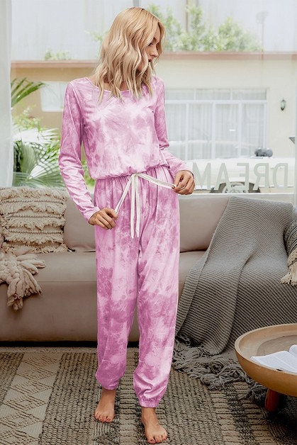 Tie Dye Round Neck Drawstring Long Sleeve Jumpsuit
