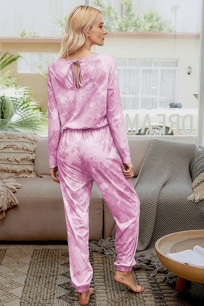 Tie Dye Round Neck Drawstring Long Sleeve Jumpsuit