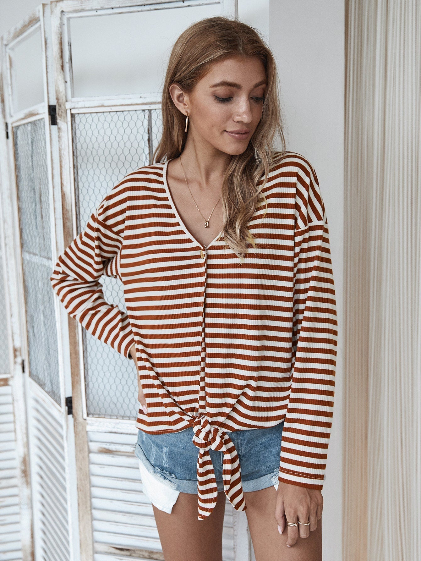 Striped Chic V Neck Button Trim Top