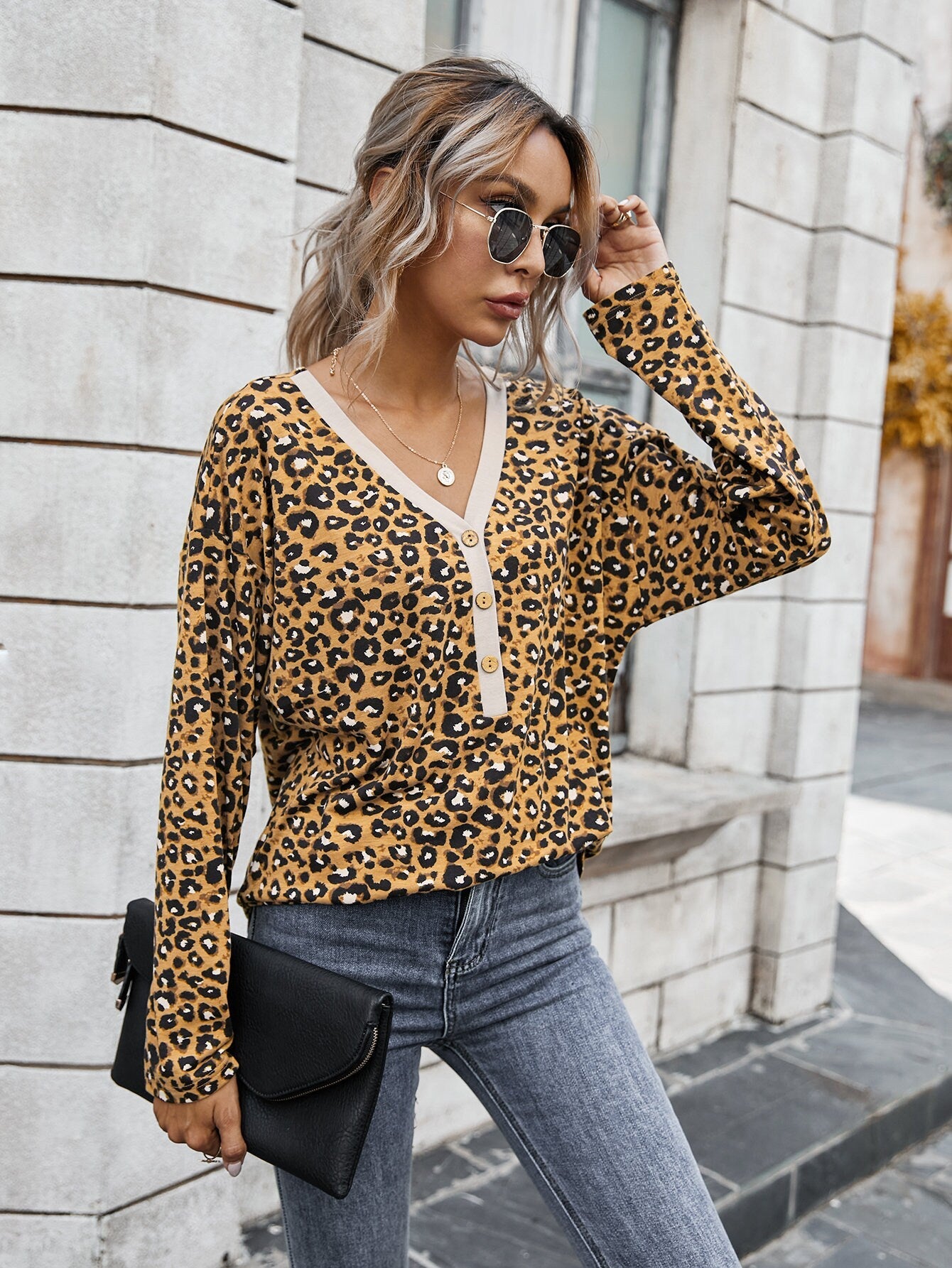Leopard Print V Neck Button Up Top