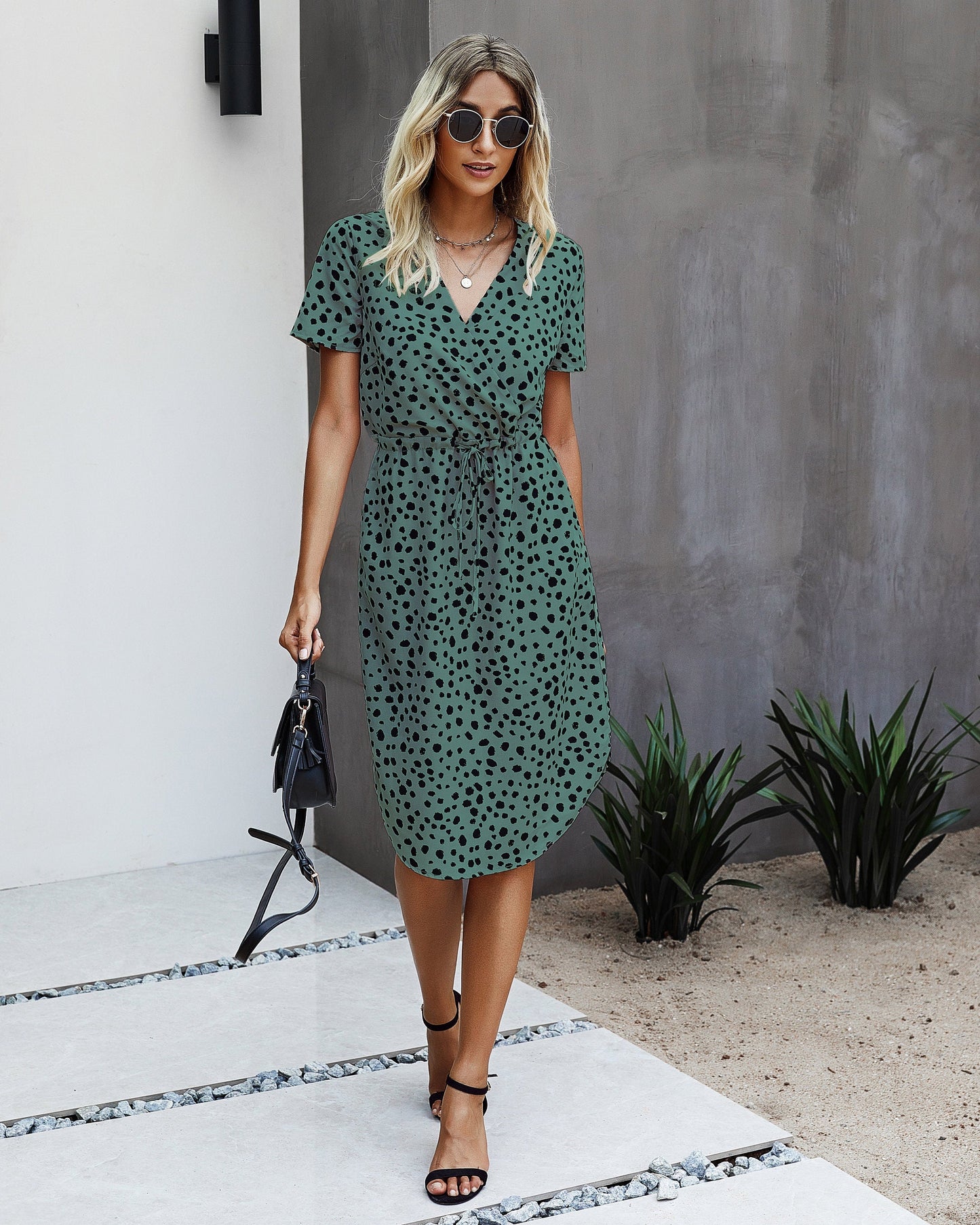 Polka Dot V Neck Midi Dress