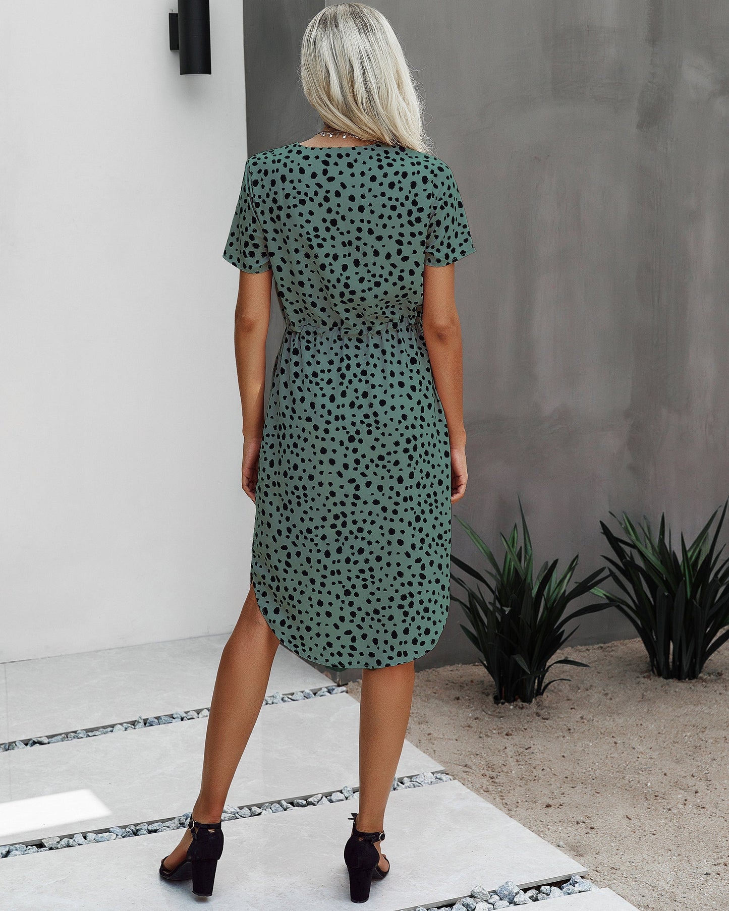 Polka Dot V Neck Midi Dress