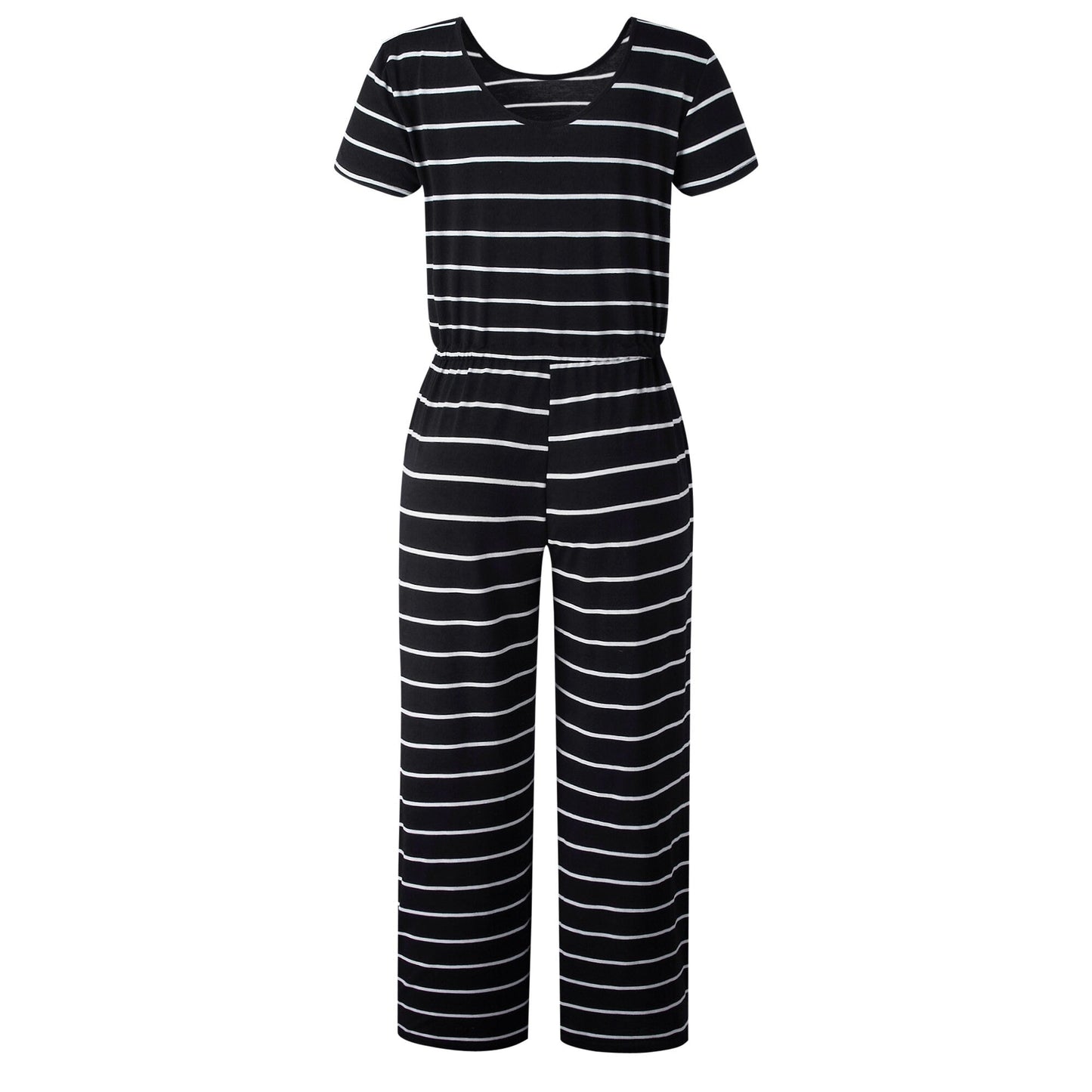 Short Dress Scoop Neck Striped Print Wide Leg Drawstring Pockets Loose Fit Jumpsuit