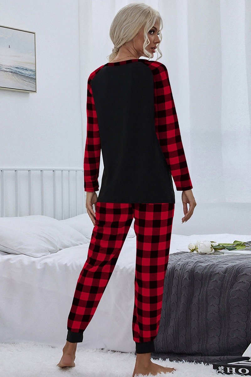 Plaid Long Sleeve Color Block Top and Pants Pajamas Sets