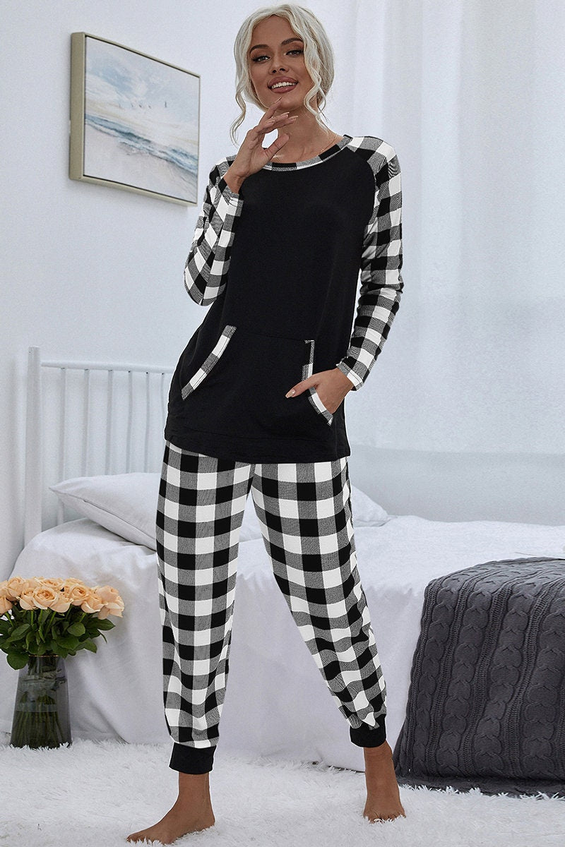 Plaid Long Sleeve Color Block Top and Pants Pajamas Sets
