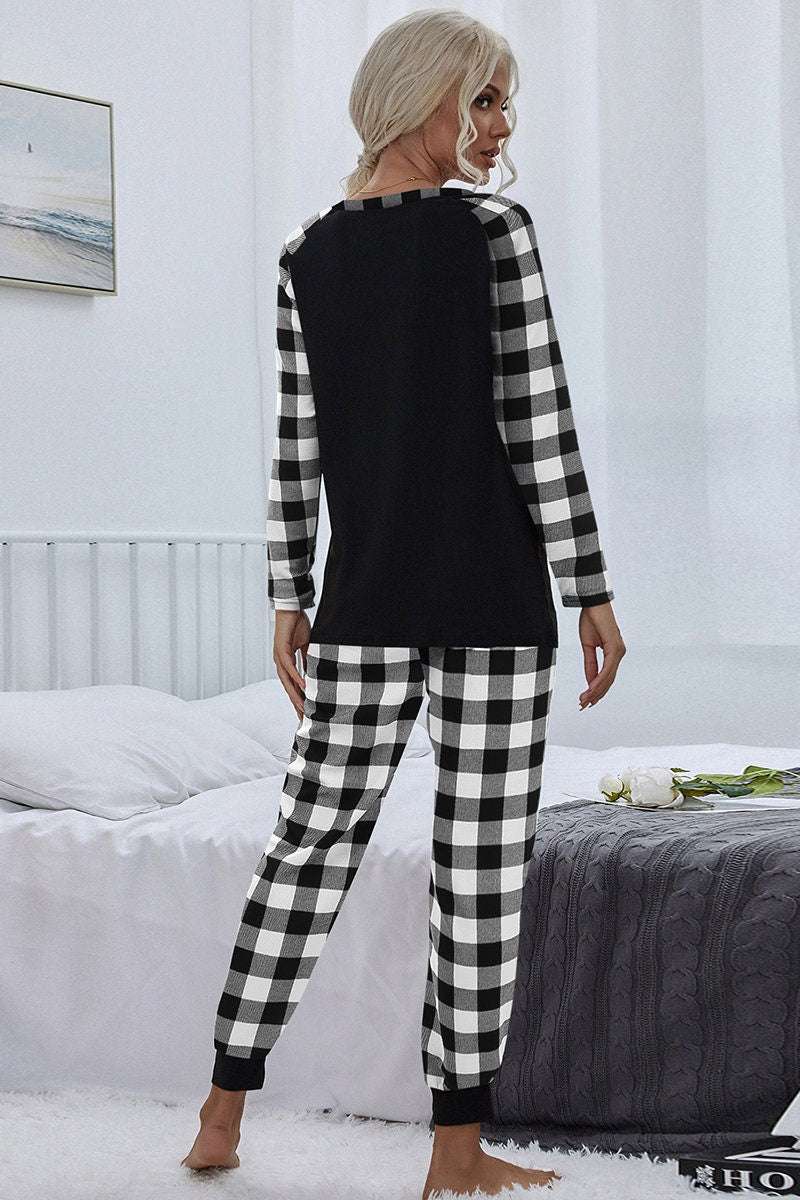 Plaid Long Sleeve Color Block Top and Pants Pajamas Sets