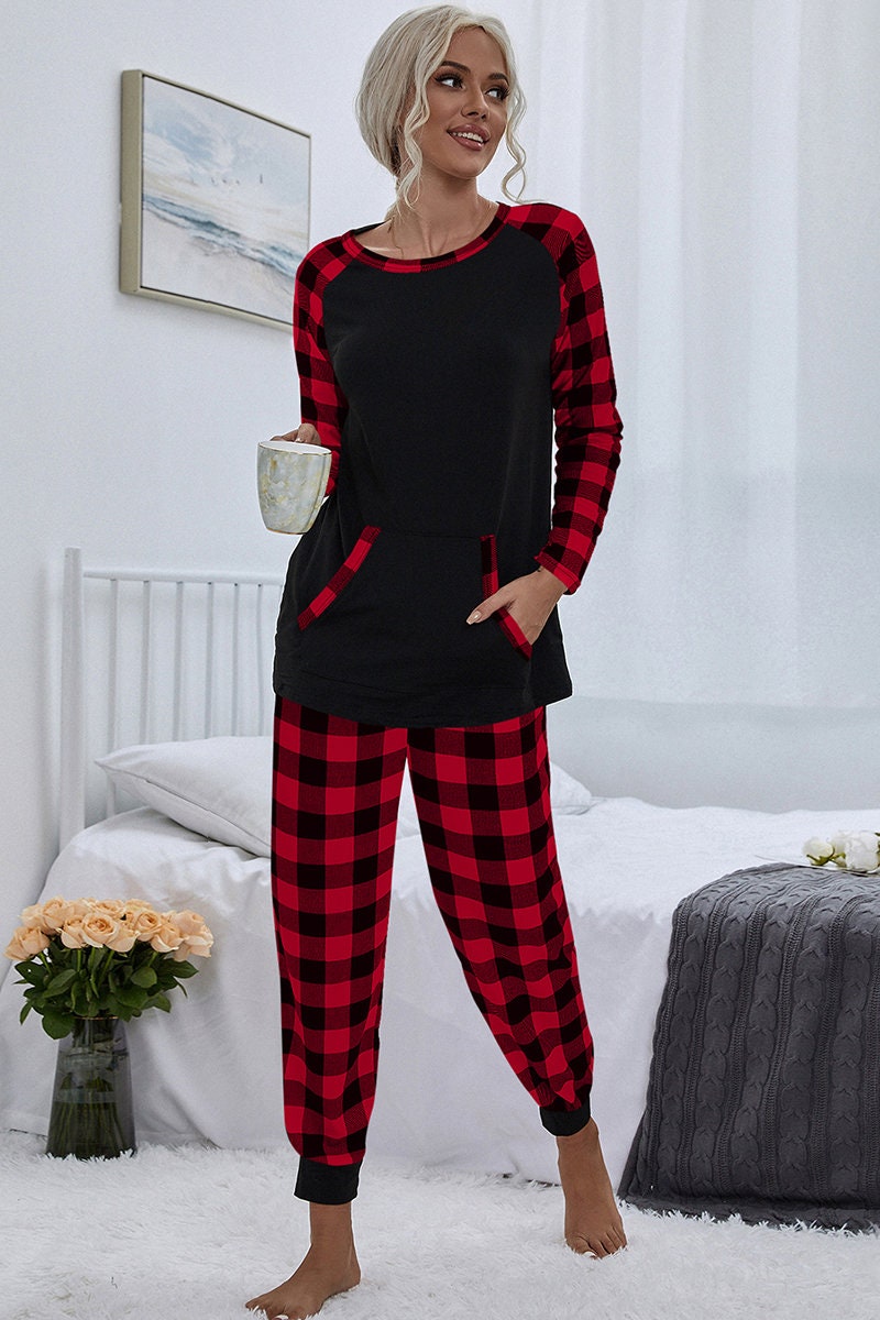 Plaid Long Sleeve Color Block Top and Pants Pajamas Sets