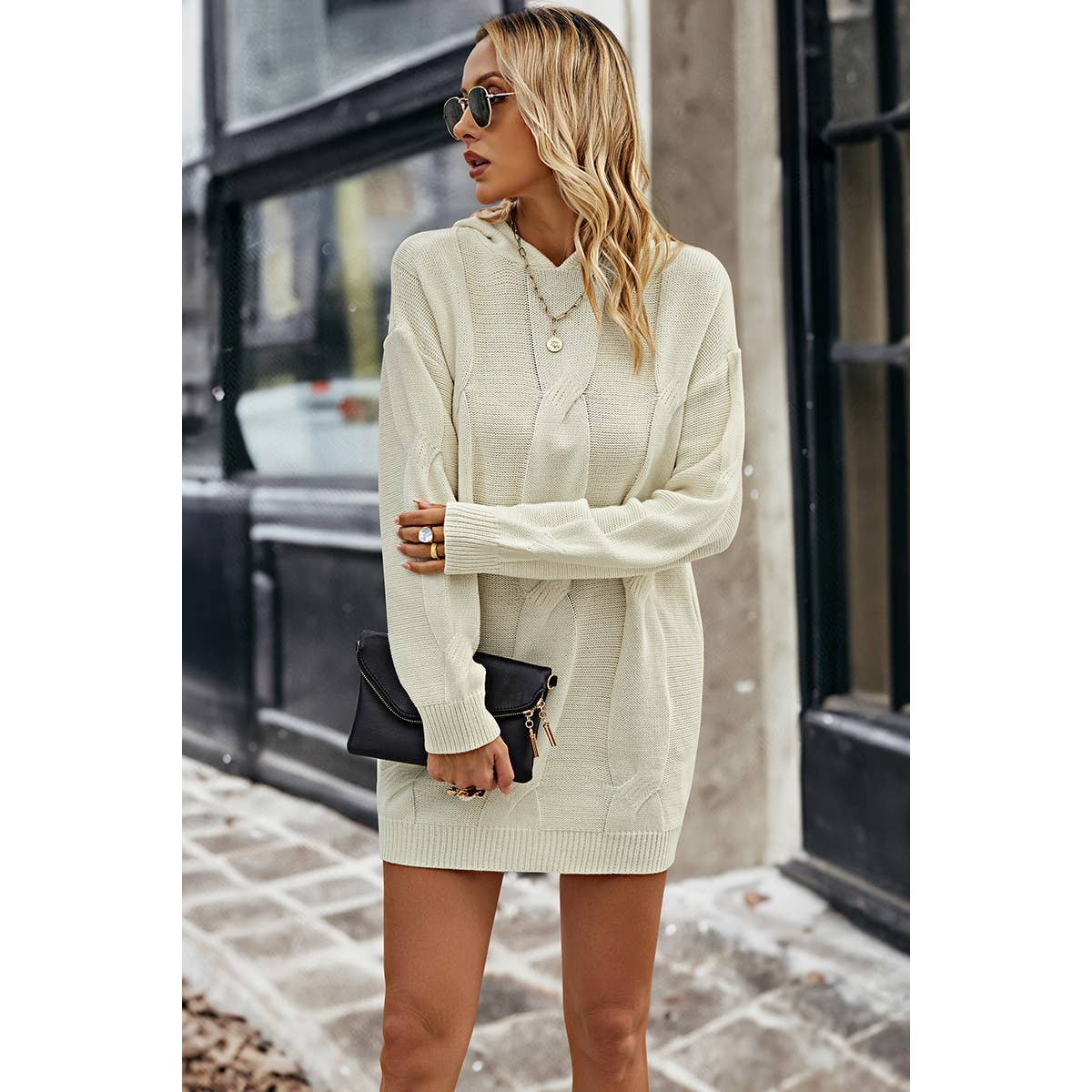 Knit Cross Elastic Fit Solid Hoodie Dress | Dress - Women's | above the knee, Dress, F, LK, new arrival, S | Elings