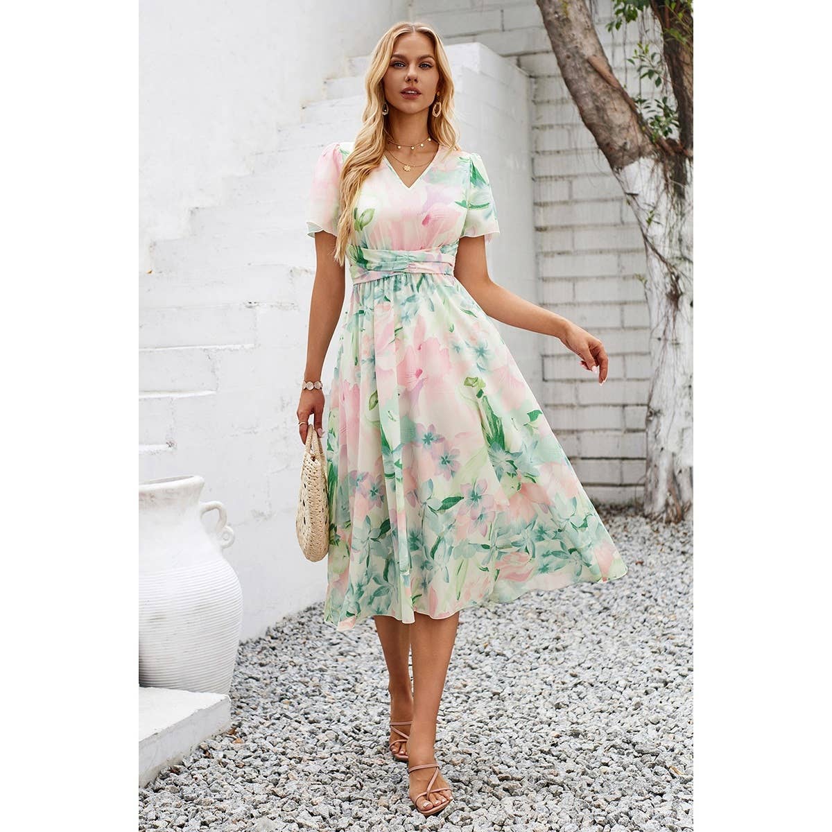 Leaf Print V Neck Cross Belt Fit Dress