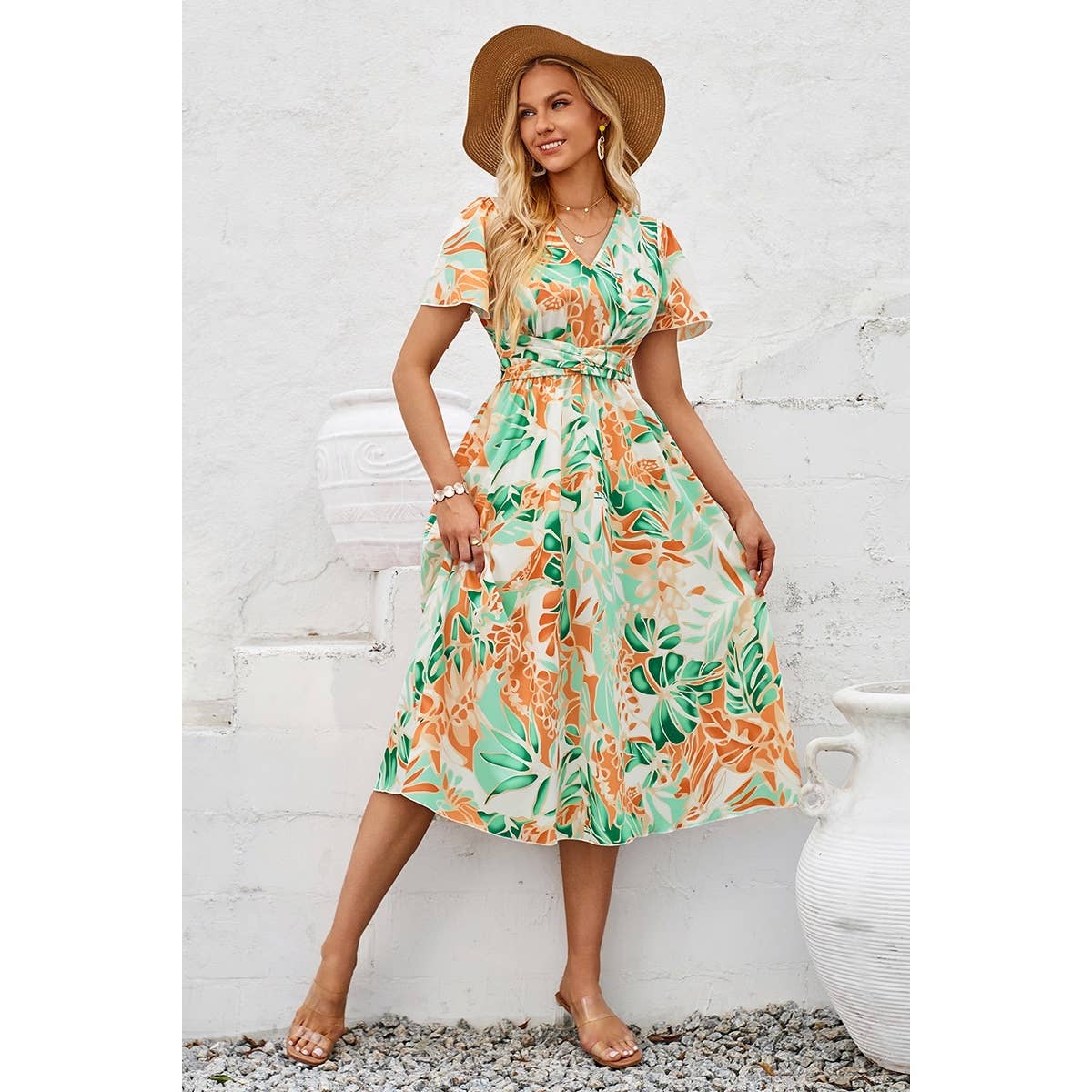 Leaf Print V Neck Cross Belt Fit Dress