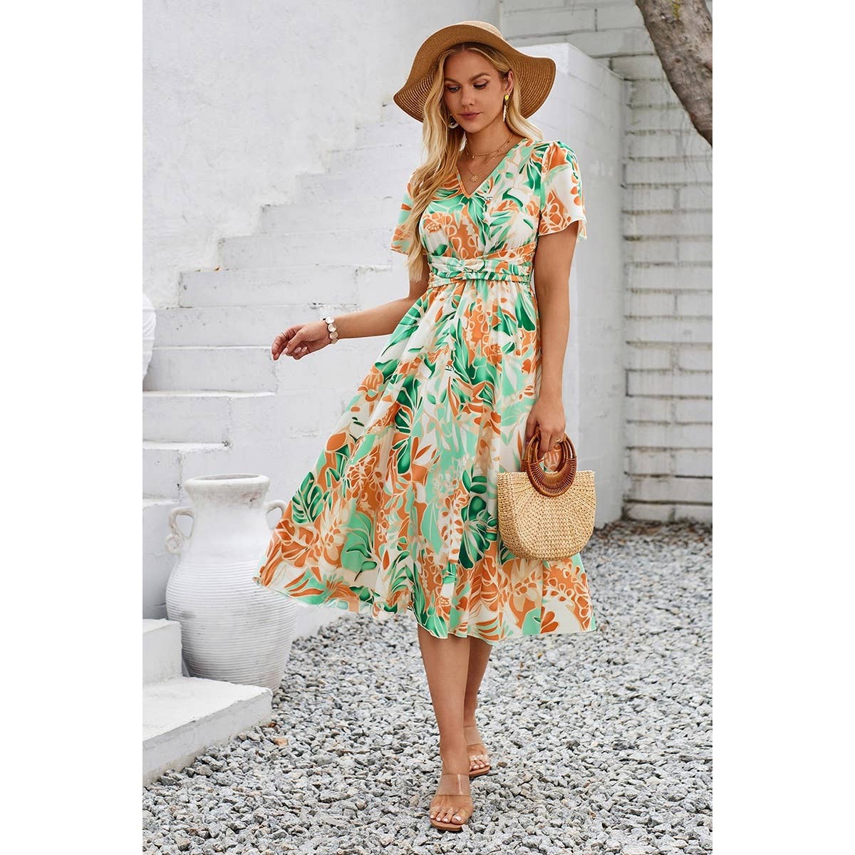 Leaf Print V Neck Cross Belt Fit Dress