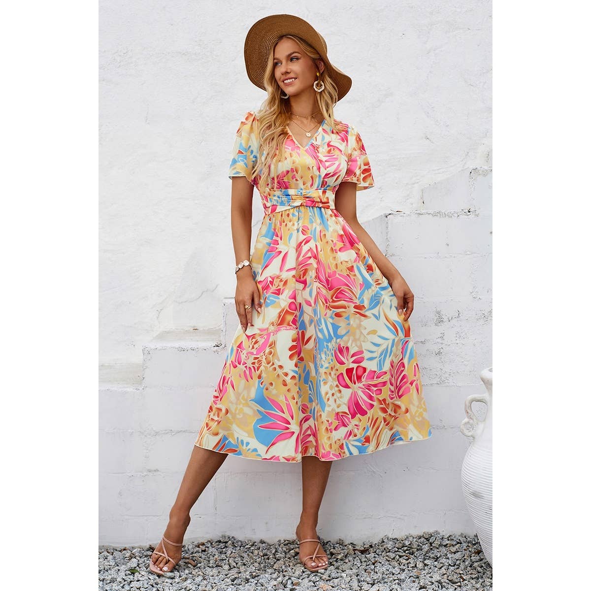 Leaf Print V Neck Cross Belt Fit Dress