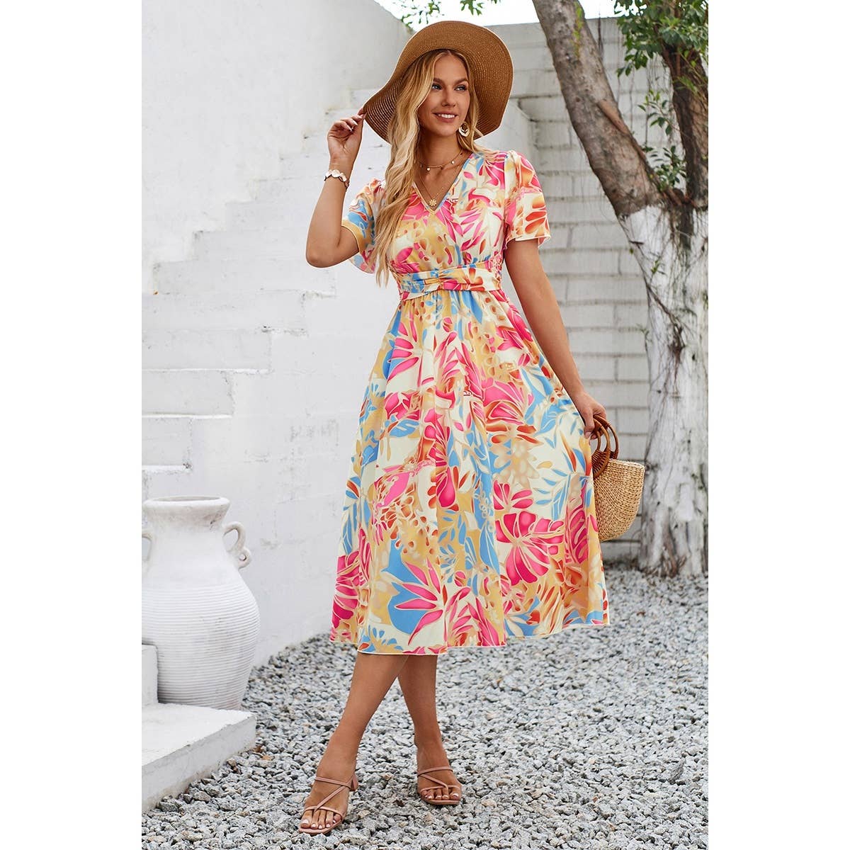 Leaf Print V Neck Cross Belt Fit Dress