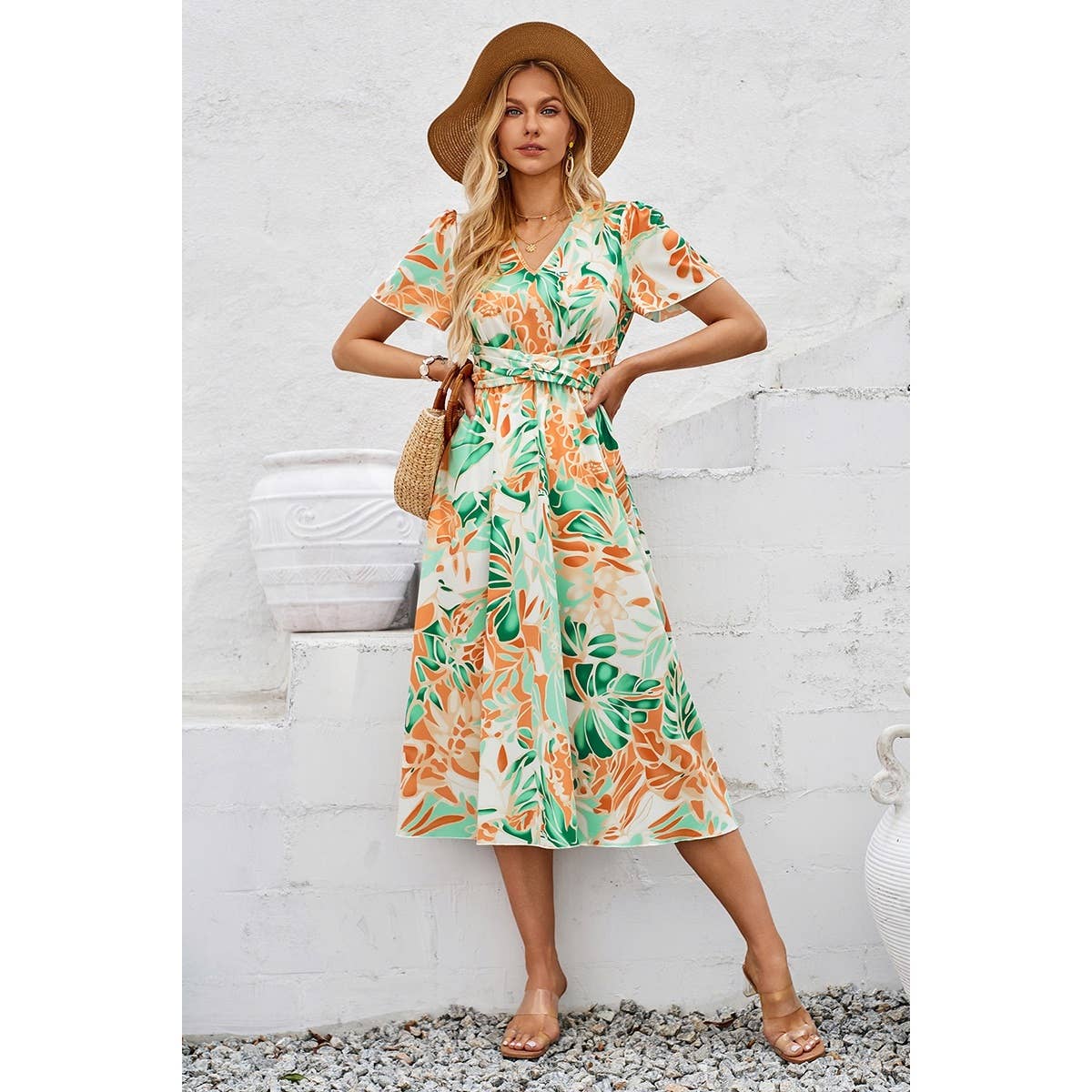Leaf Print V Neck Cross Belt Fit Dress
