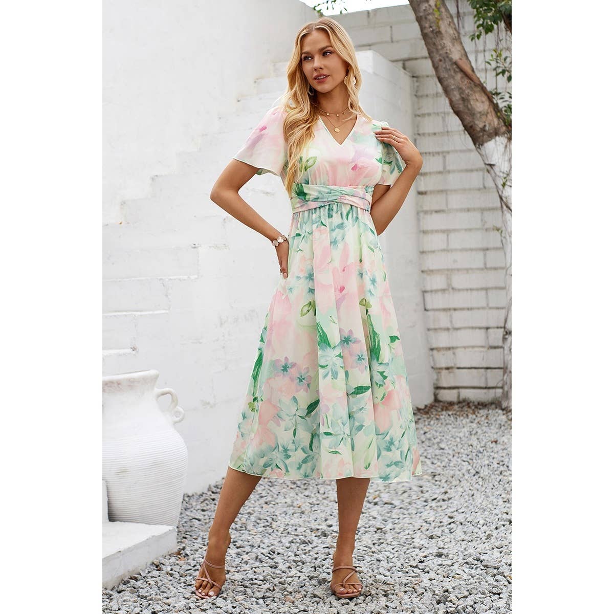 Leaf Print V Neck Cross Belt Fit Dress