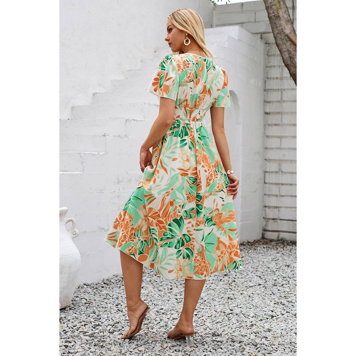 Leaf Print V Neck Cross Belt Fit Dress