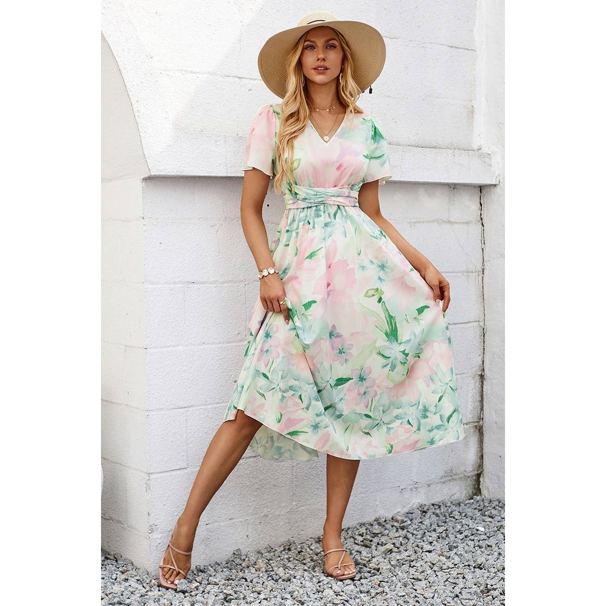 Leaf Print V Neck Cross Belt Fit Dress