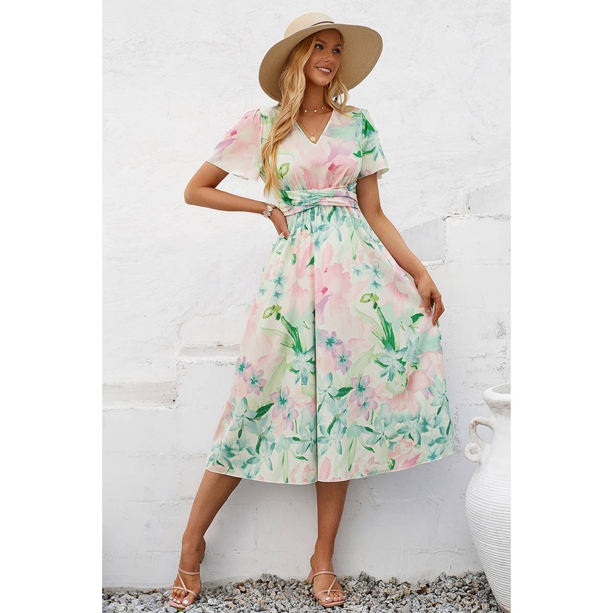 Leaf Print V Neck Cross Belt Fit Dress