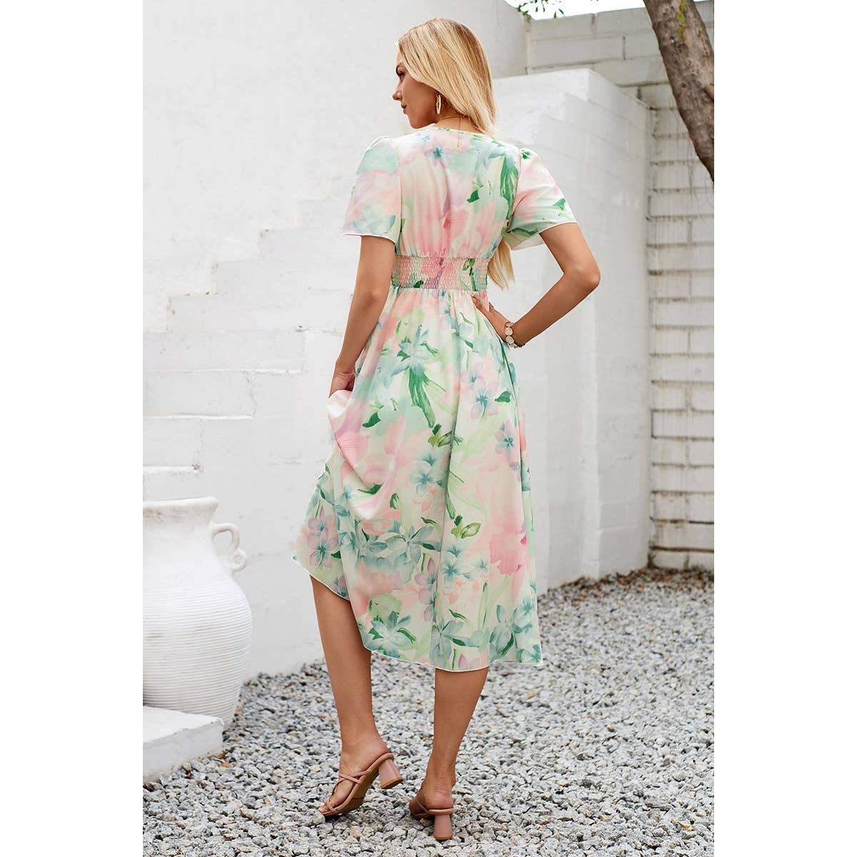 Leaf Print V Neck Cross Belt Fit Dress