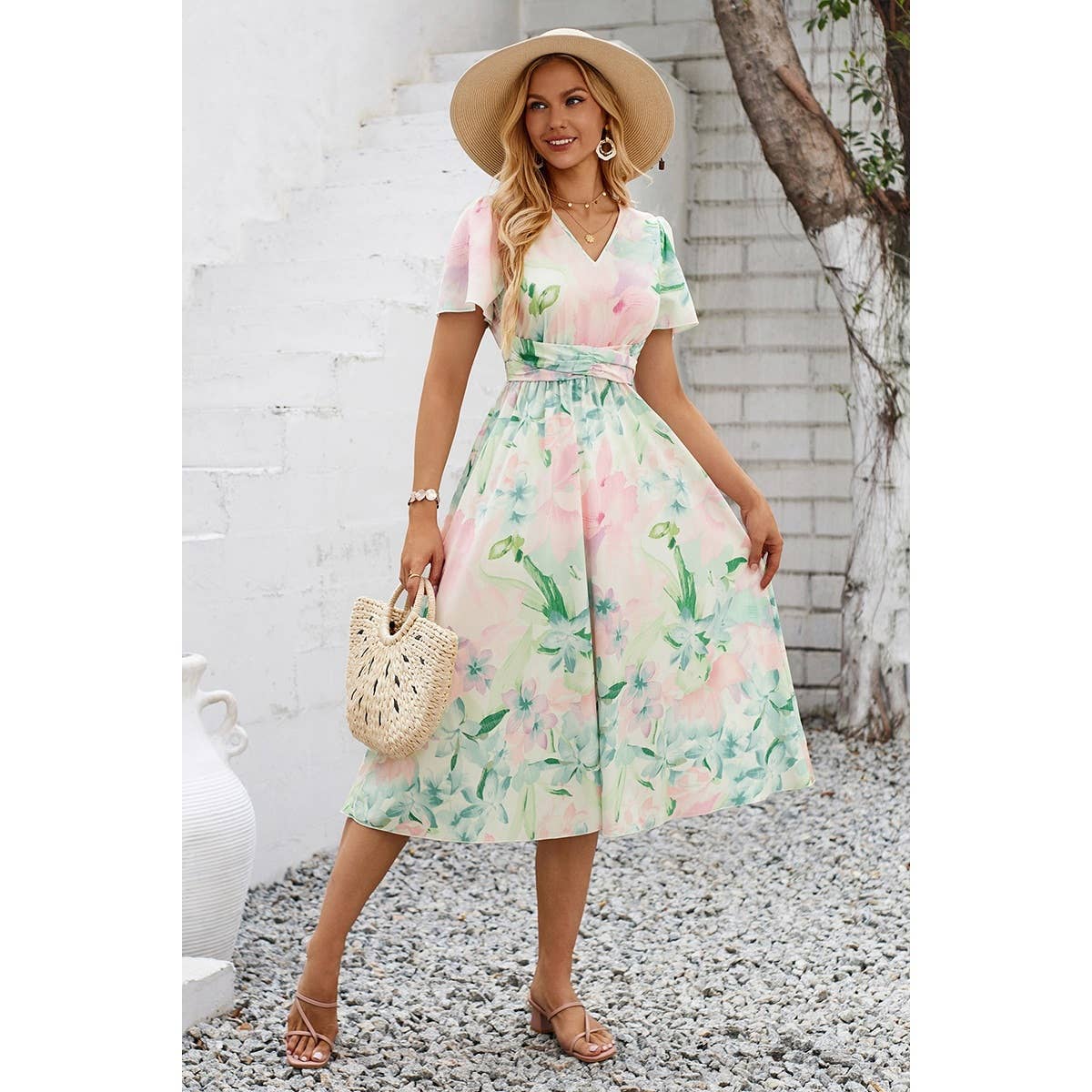 Leaf Print V Neck Cross Belt Fit Dress