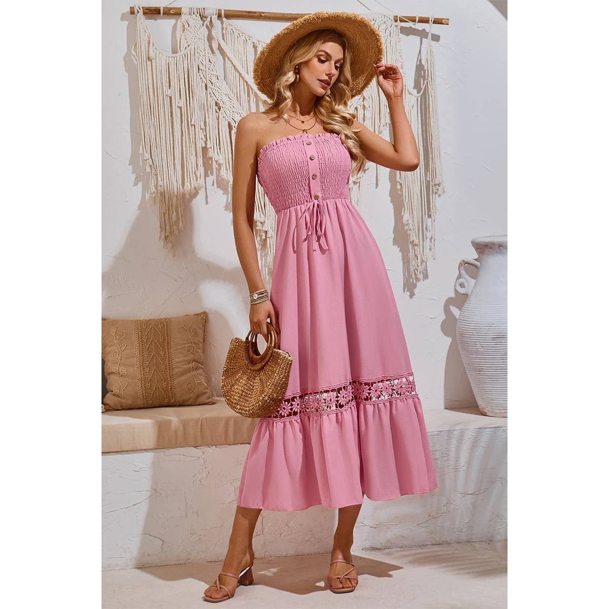 Off Shoulder Button Trim Knot Ruffle Lace Dress