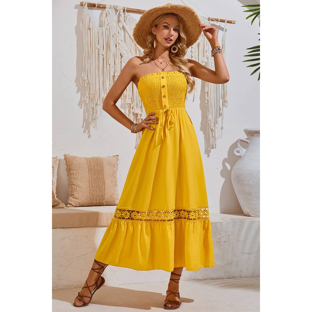 Off Shoulder Button Trim Knot Ruffle Lace Dress