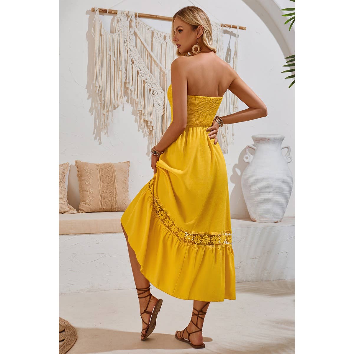Off Shoulder Button Trim Knot Ruffle Lace Dress